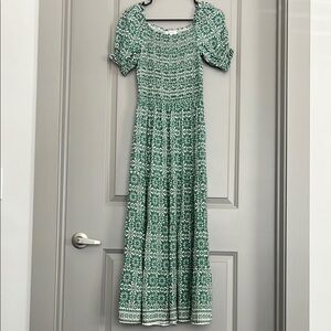 Max Studio Green Smocked Puff Sleeve Midi Sundress Square Neckline